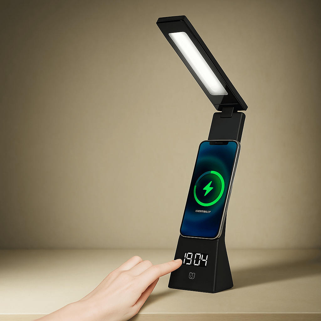 Pametna LED Stolna Lampa s Bežičnim Punjačem i Satom – – – slika 1