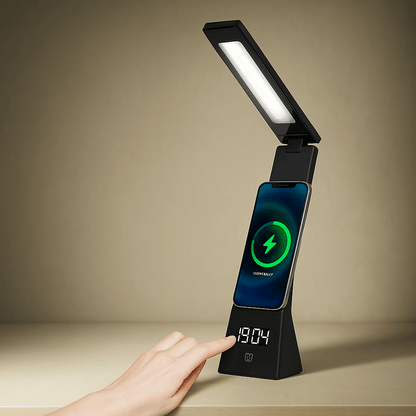 Pametna LED Stolna Lampa s Bežičnim Punjačem i Satom – – – slika 1