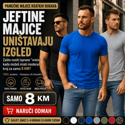 Majice kratkih rukava u crnoj, plavoj i sivoj boji prikazane na modelima.