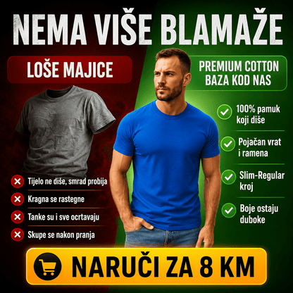 Promotivni usporedni prikaz sive majice i plave majice kratkih rukava na modelu.