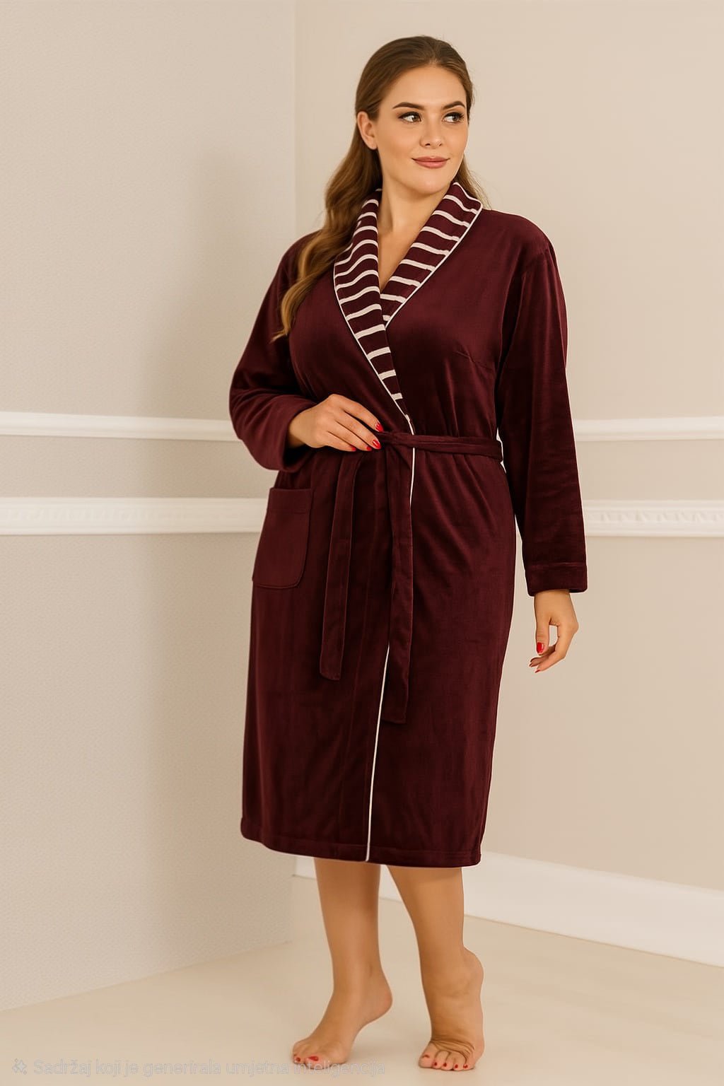 Plus size plišani kućni ogrtači – – Bordo - Prugasta 4XL – slika 8
