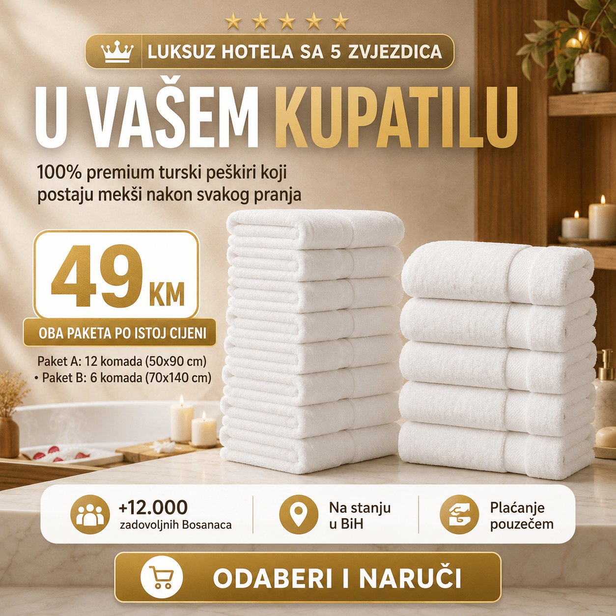 Premium bijeli Turski peškiri – – 12 - dijelni set (50x90cm) – slika 4
