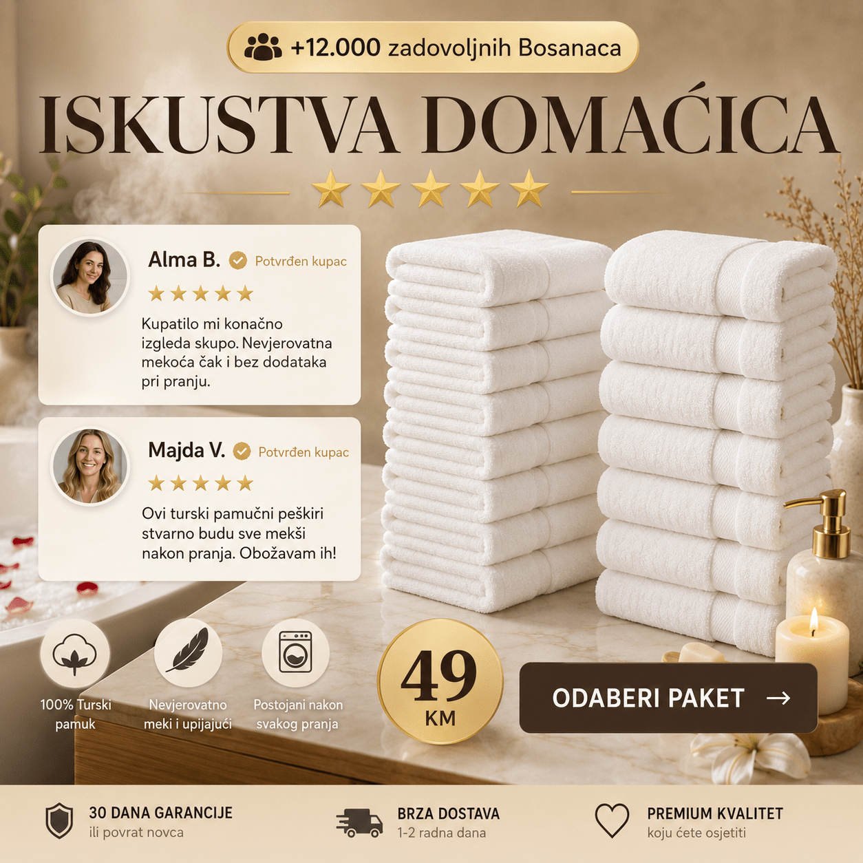Premium bijeli Turski peškiri – – 12 - dijelni set (50x90cm) – slika 5