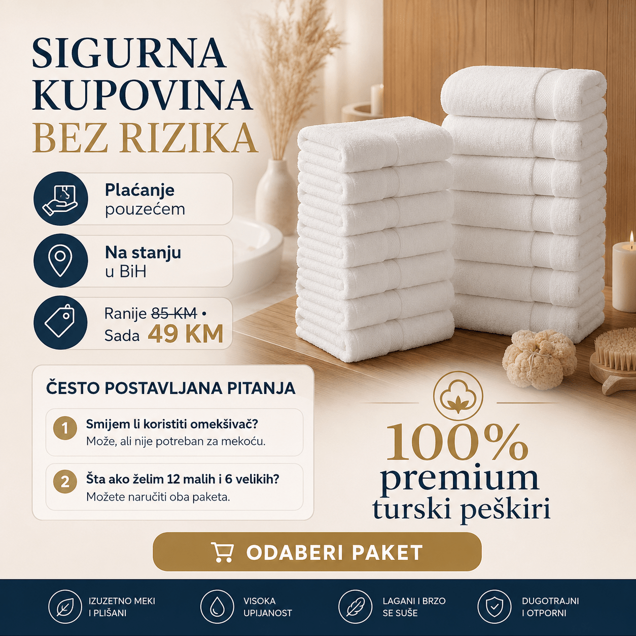 Premium bijeli Turski peškiri – – 12 - dijelni set (50x90cm) – slika 6