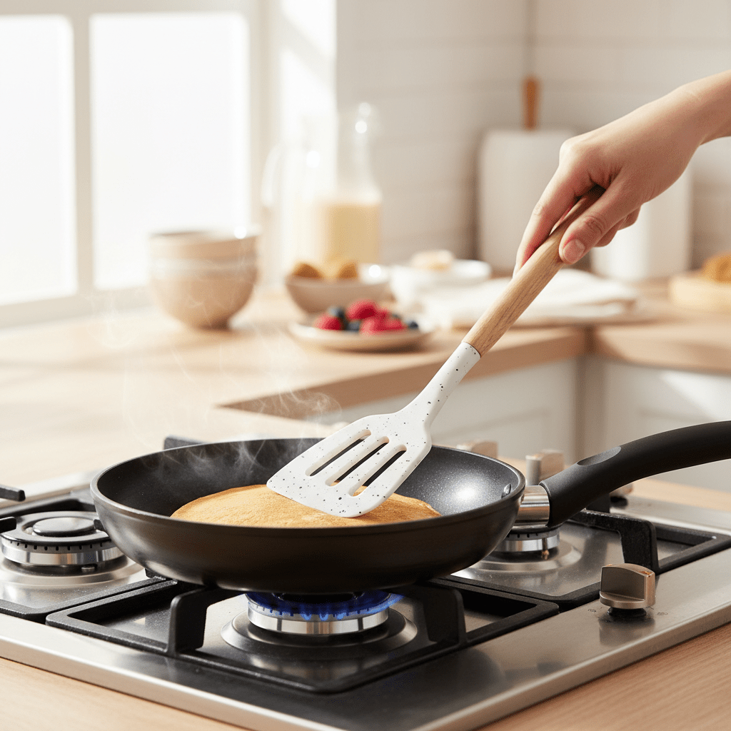 Premium Silikonski Set za Pečenje s Drvenim Ručkama (2 kom) – Kuhinjski pribor – Univerzalna Bijela sa crnim tačkicama – slika 3