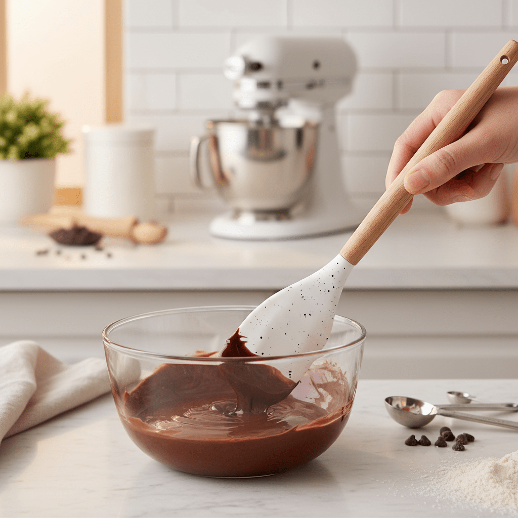 Premium Silikonski Set za Pečenje s Drvenim Ručkama (2 kom) – Kuhinjski pribor – Univerzalna Bijela sa crnim tačkicama – slika 4