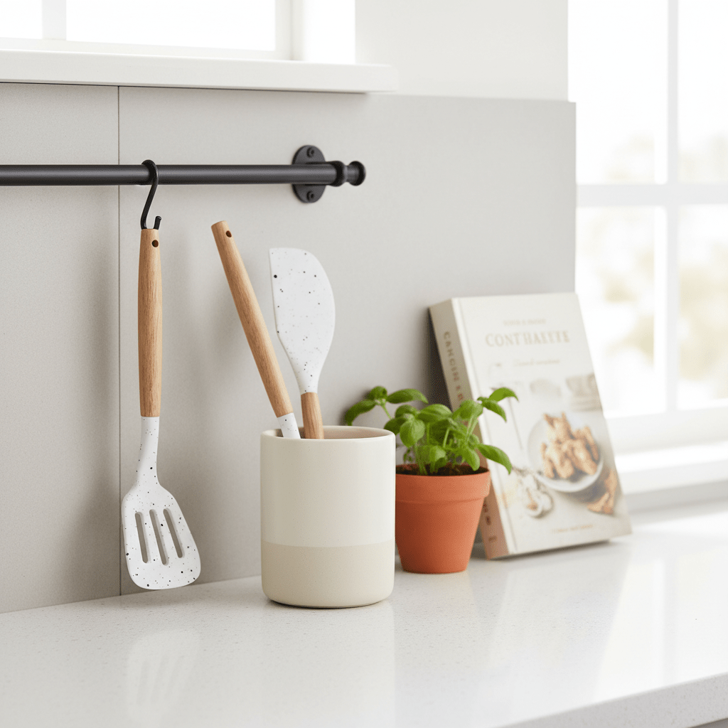 Premium Silikonski Set za Pečenje s Drvenim Ručkama (2 kom) – Kuhinjski pribor – Univerzalna Bijela sa crnim tačkicama – slika 5