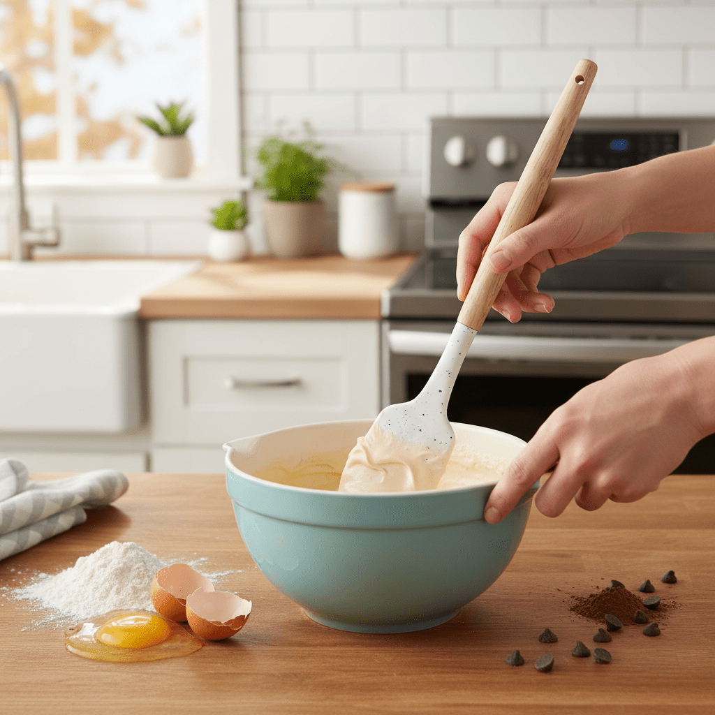 Premium Silikonski Set za Pečenje s Drvenim Ručkama (2 kom) – Kuhinjski pribor – Univerzalna Bijela sa crnim tačkicama – slika 2