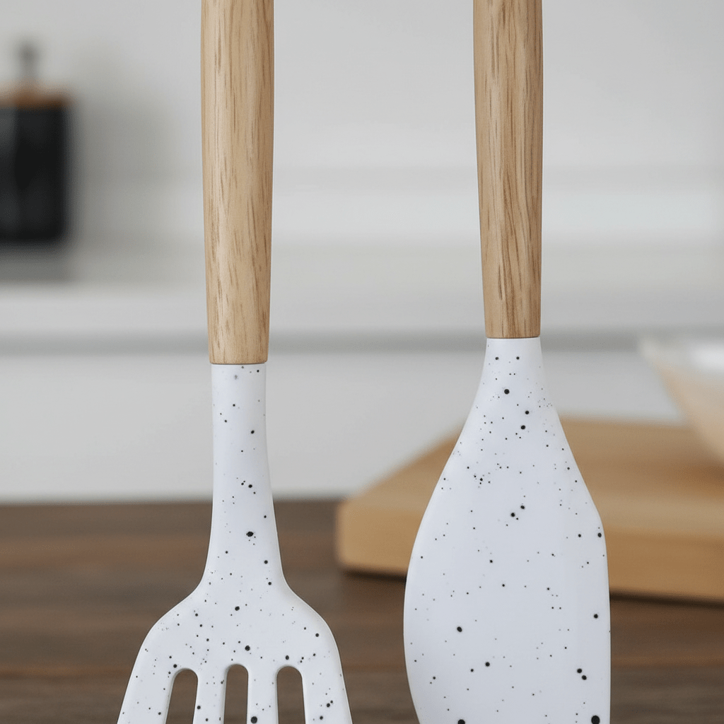 Premium Silikonski Set za Pečenje s Drvenim Ručkama (2 kom) – Kuhinjski pribor – Univerzalna Bijela sa crnim tačkicama – slika 6