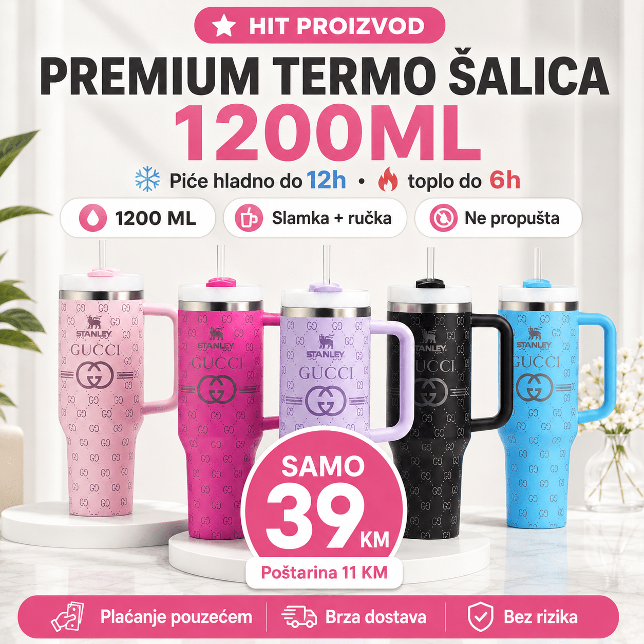 Premium Termo Šalica 1200ML – – Roza – slika 7