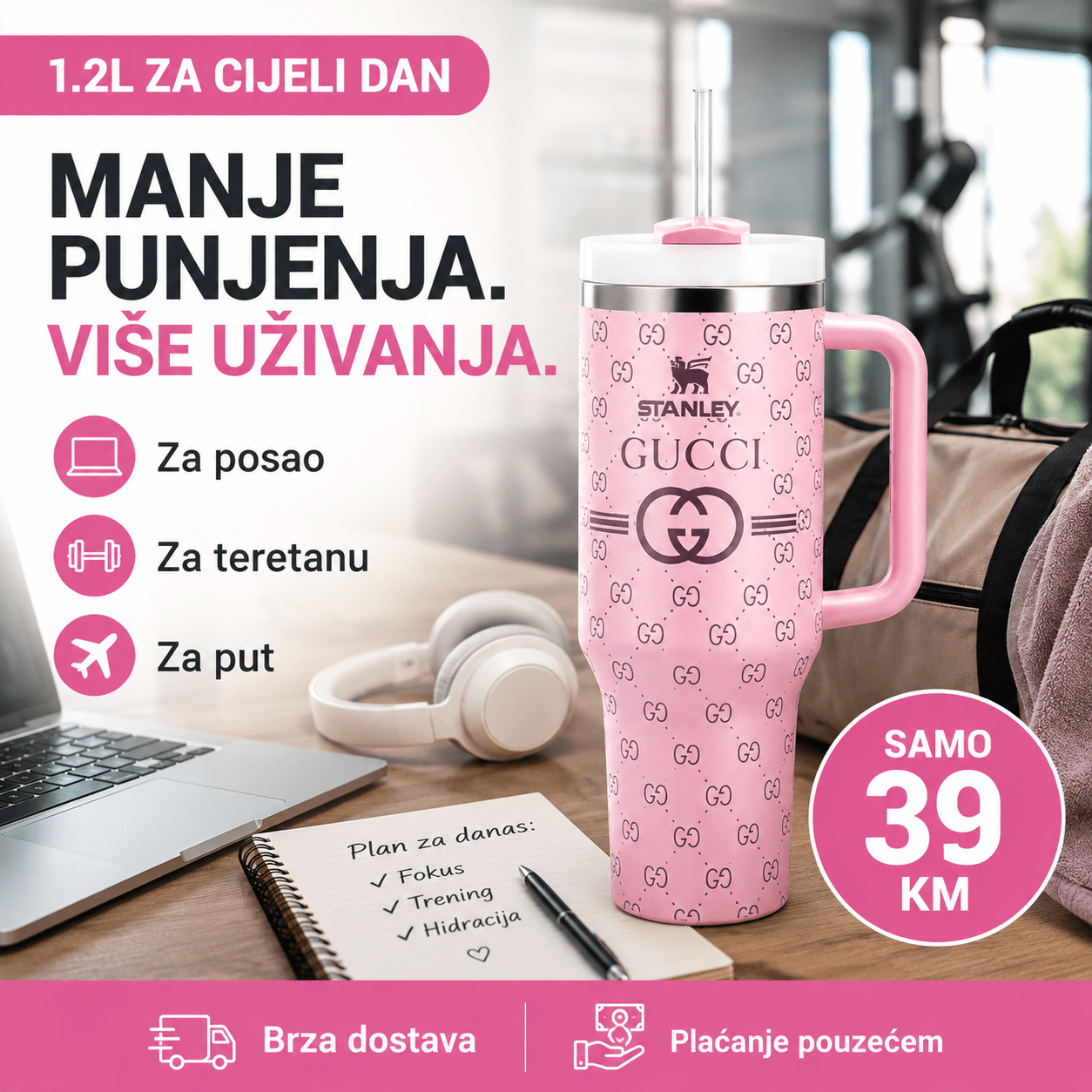 Premium Termo Šalica 1200ML – – Roza – slika 3