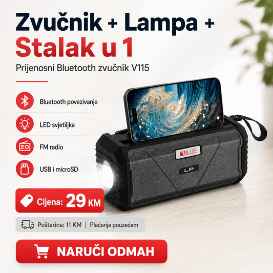 Prijenosni Bluetooth Zvučnik V115 s LED Lampom i Držačem za Mobitel – Bluetooth zvučnici – – slika 1