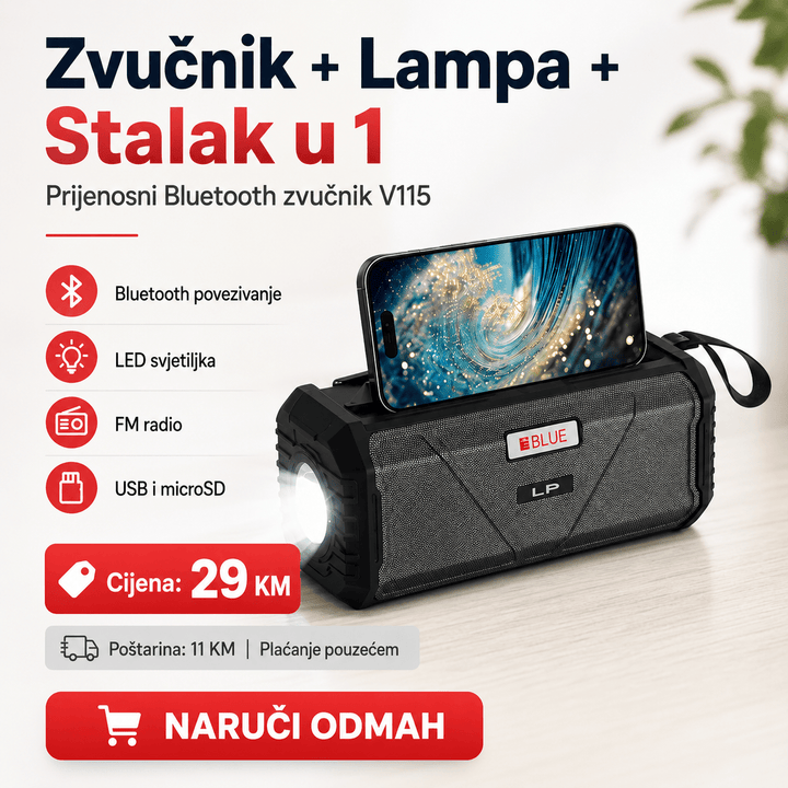 Prijenosni Bluetooth Zvučnik V115 s LED Lampom i Držačem za Mobitel