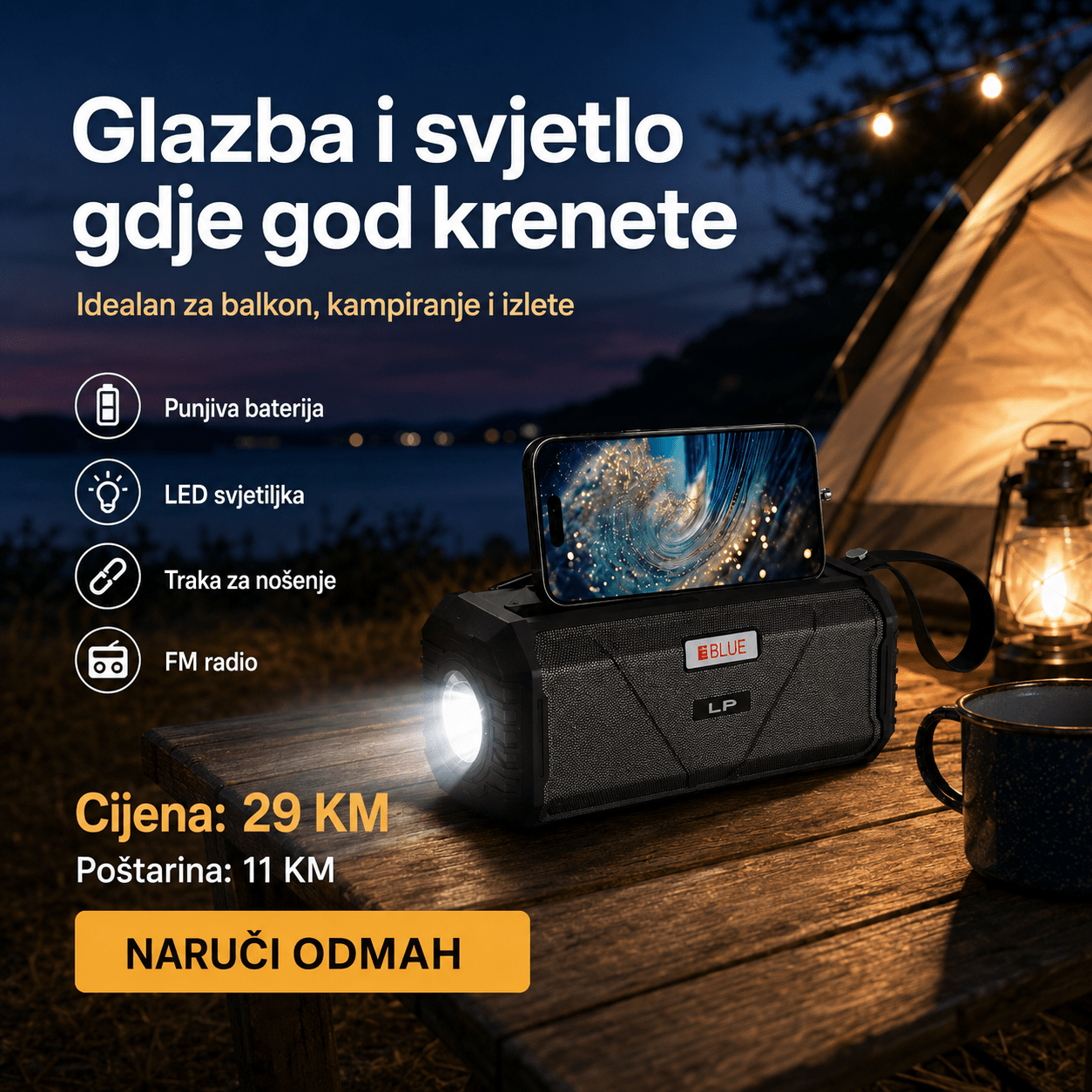 Prijenosni Bluetooth Zvučnik V115 s LED Lampom i Držačem za Mobitel – Bluetooth zvučnici – – slika 4