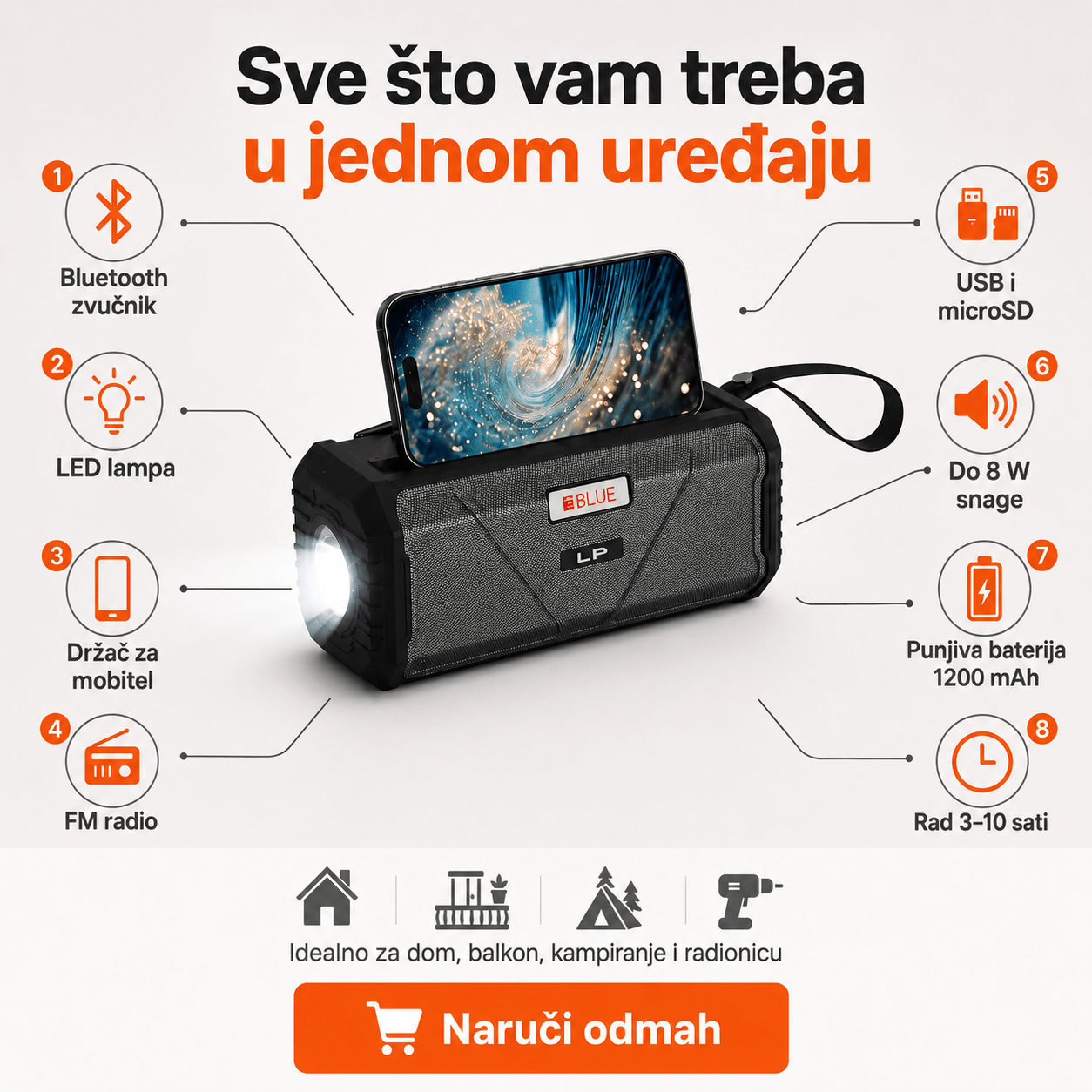 Prijenosni Bluetooth Zvučnik V115 s LED Lampom i Držačem za Mobitel – Bluetooth zvučnici – – slika 2