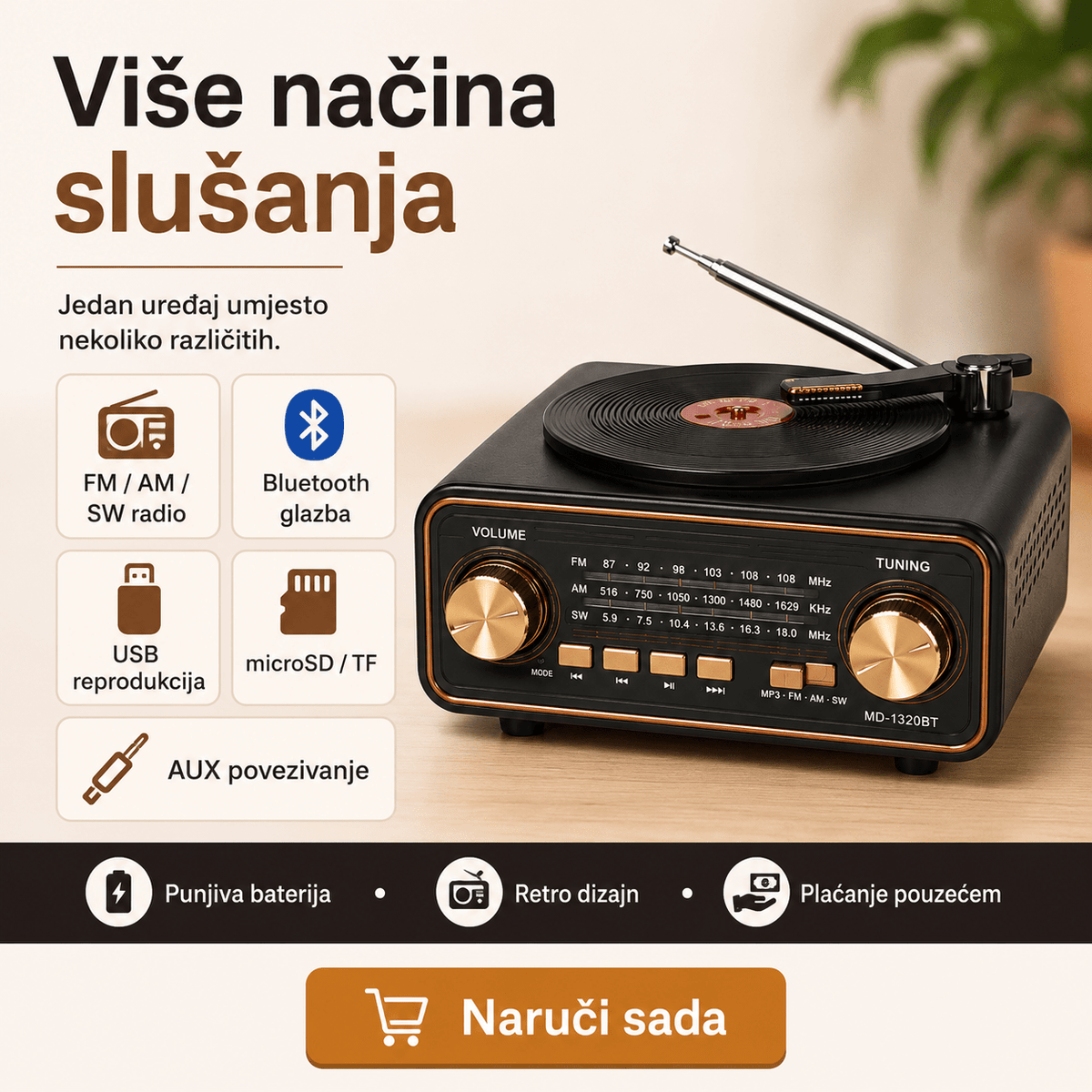Prijenosni Retro Radio MD-1320BT s Bluetoothom – Radio uređaji – – slika 5