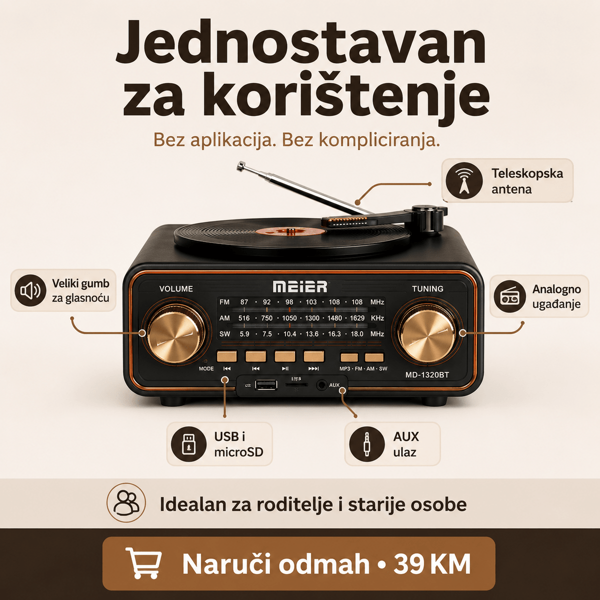 Prijenosni Retro Radio MD-1320BT s Bluetoothom – Radio uređaji – – slika 4