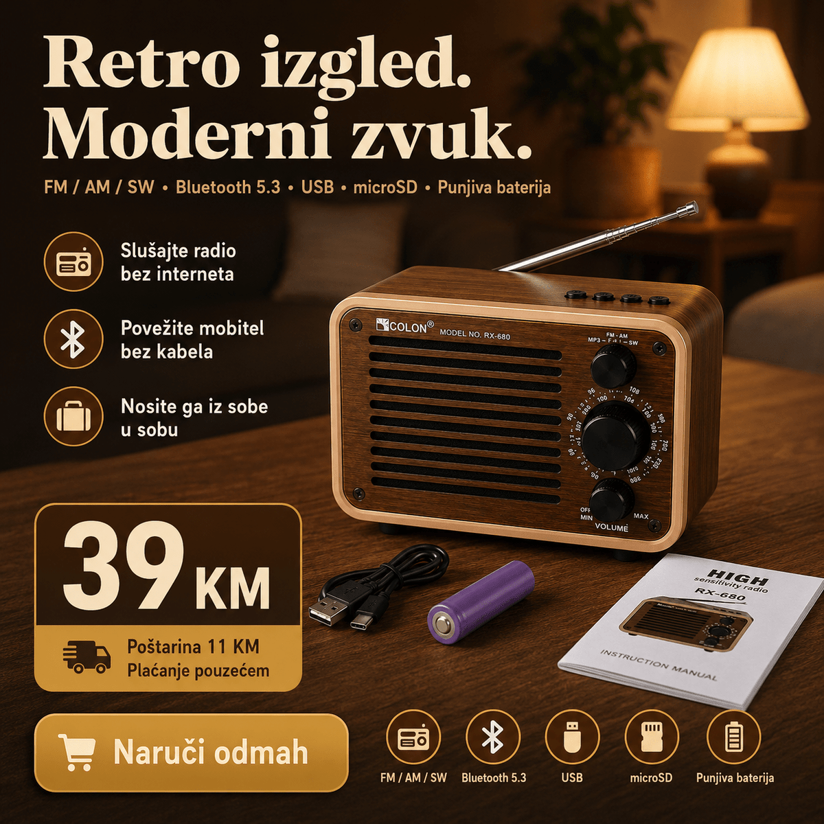 Prijenosni Retro Radio RX-680 s Bluetoothom – Radio uređaji – – slika 1
