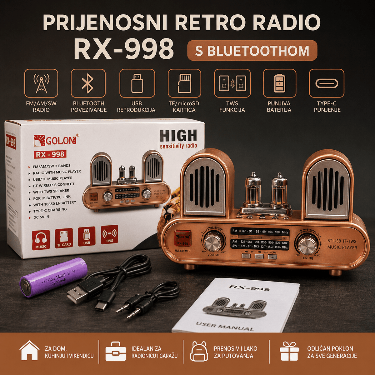 Prijenosni Retro Radio RX-998 s Bluetoothom – Radio uređaji – – slika 5