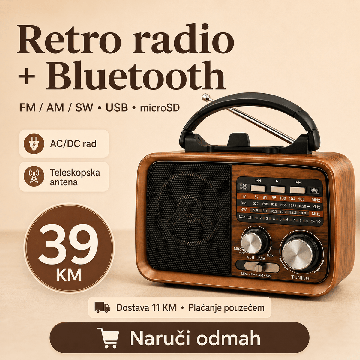 Prijenosni Retro Radio RX-BT031 s Bluetoothom – Radio uređaji – – slika 2