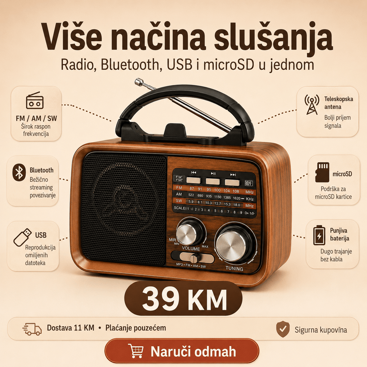 Prijenosni Retro Radio RX-BT031 s Bluetoothom – Radio uređaji – – slika 8