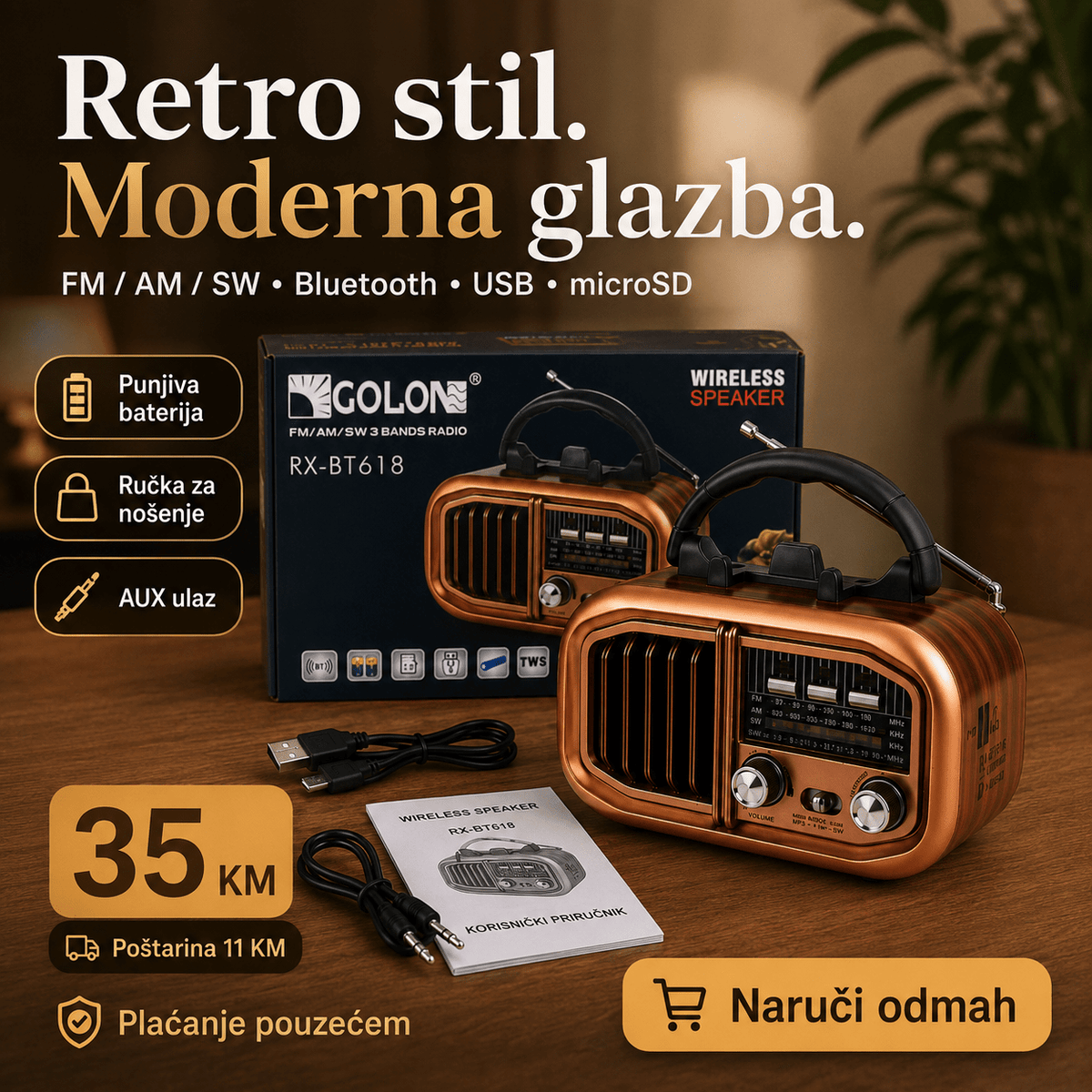 Prijenosni Retro Radio RX-BT618 s Bluetooth Zvučnikom – Radio uređaji – – slika 2