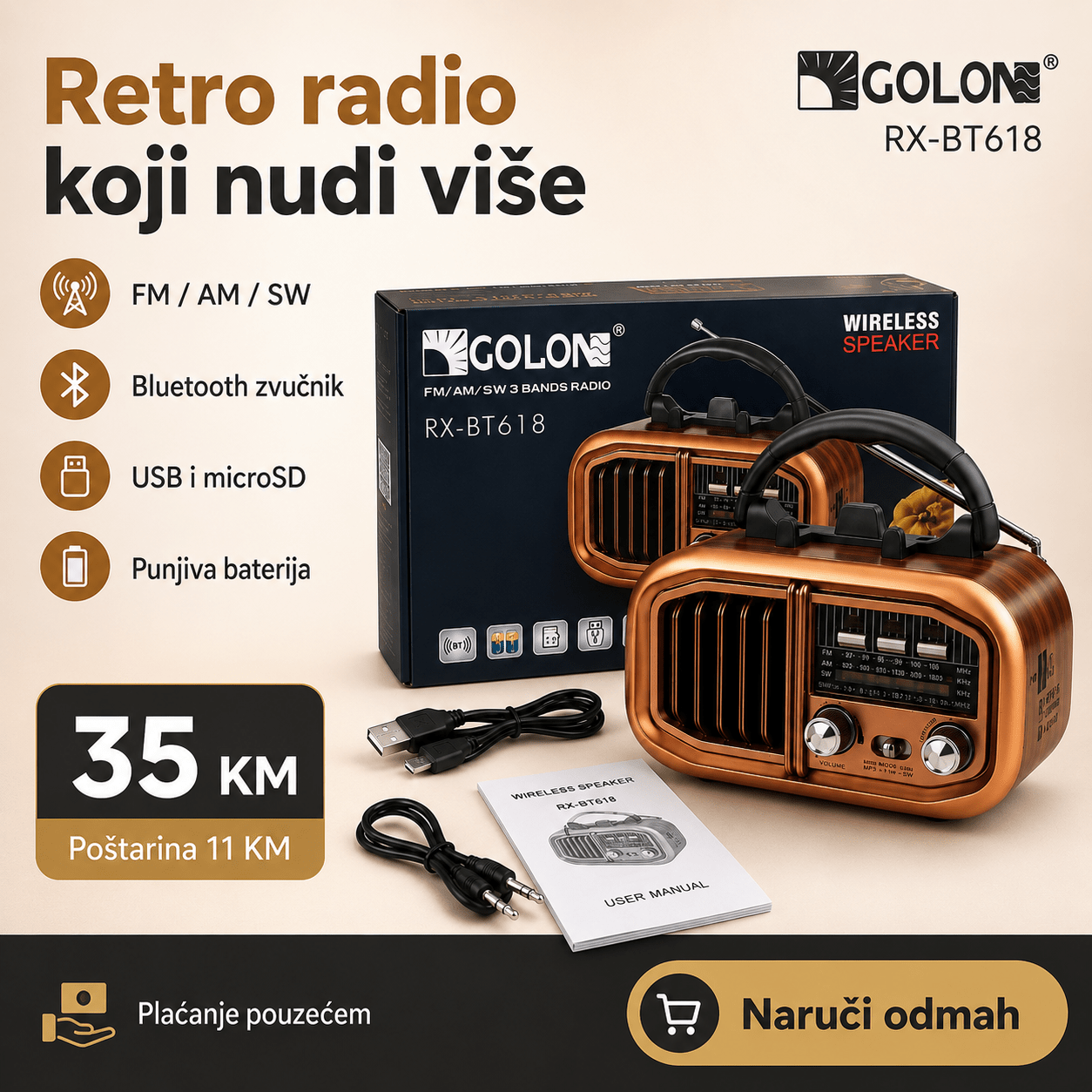 Prijenosni Retro Radio RX-BT618 s Bluetooth Zvučnikom – Radio uređaji – – slika 8