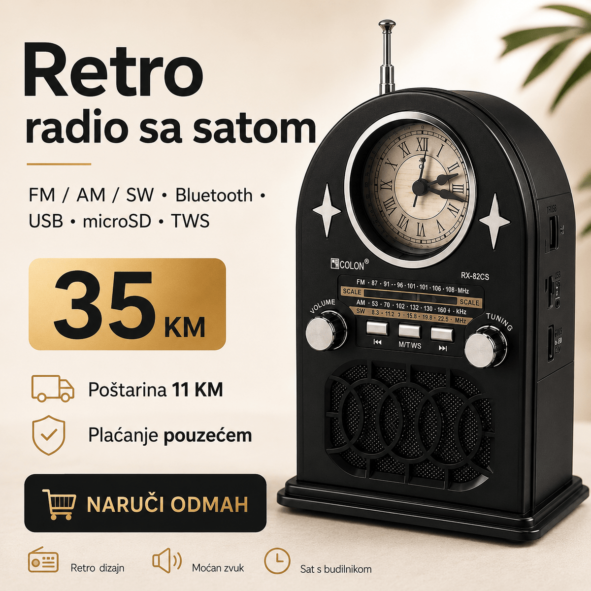 Prijenosni Retro Radio sa Satom RX-82CS – Radio uređaji – – slika 2