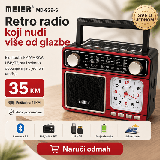 Retro Radio sa Satom, Bluetoothom i Solarnim Punjenjem – – – slika 1