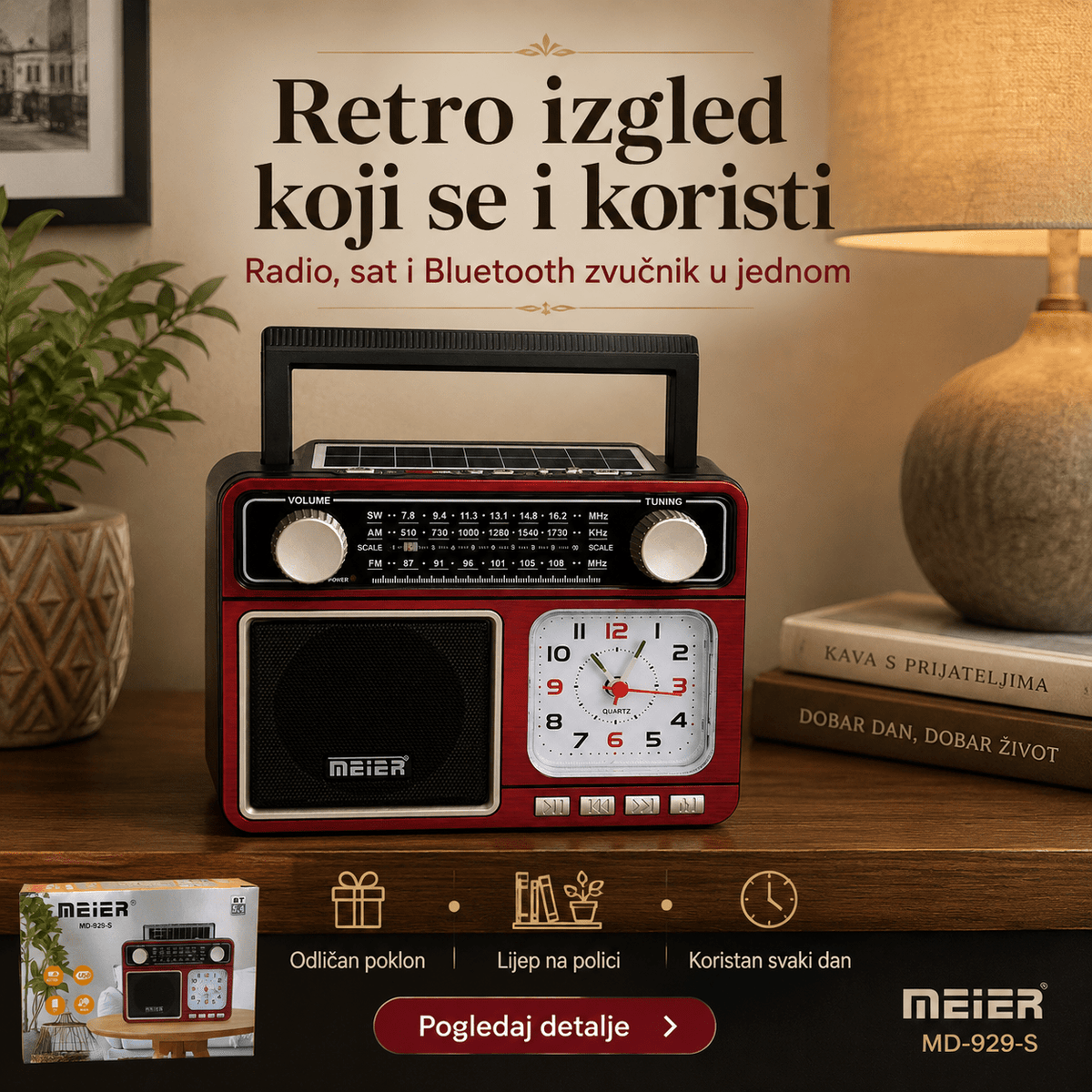 Retro Radio sa Satom, Bluetoothom i Solarnim Punjenjem – – – slika 6