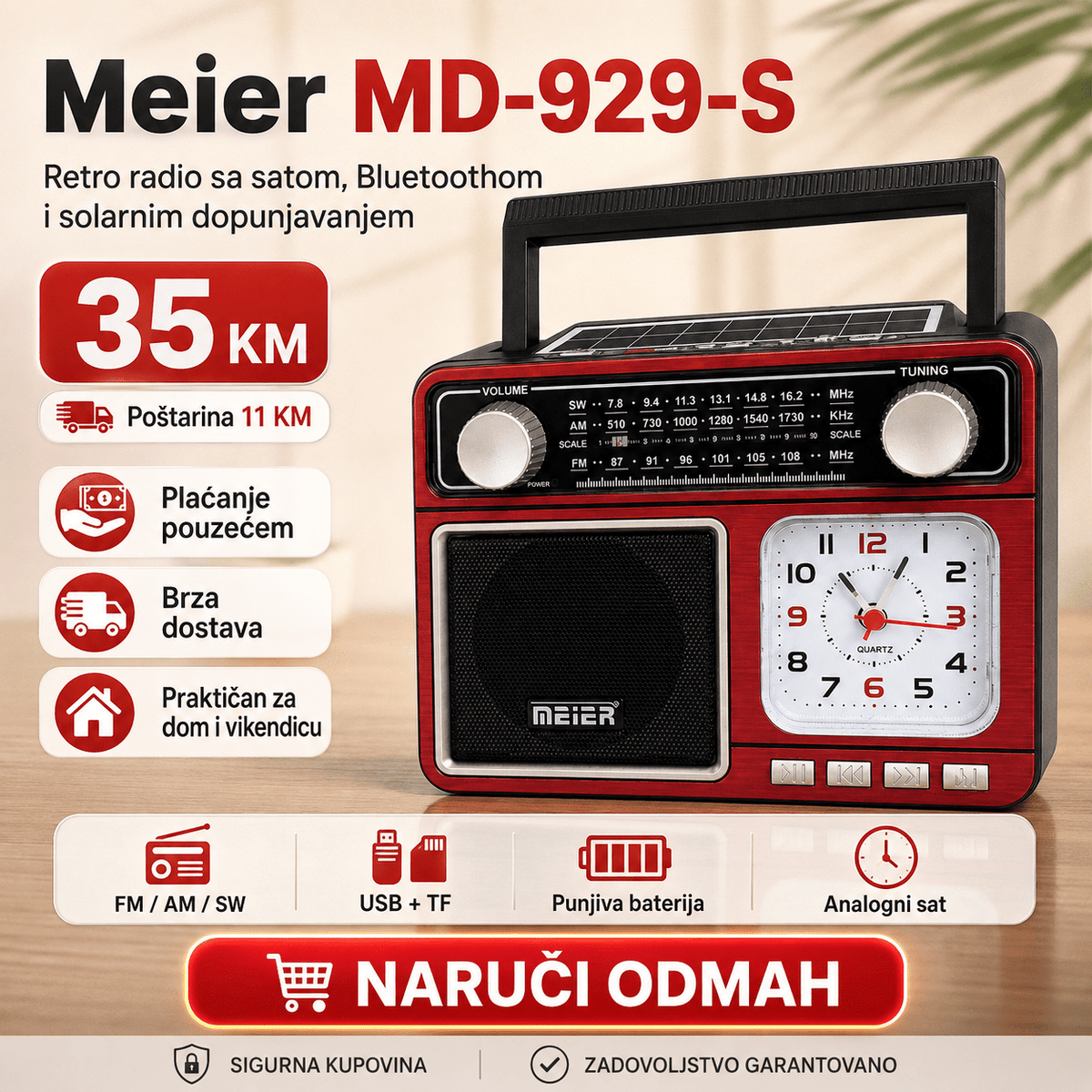 Retro Radio sa Satom, Bluetoothom i Solarnim Punjenjem – – – slika 2
