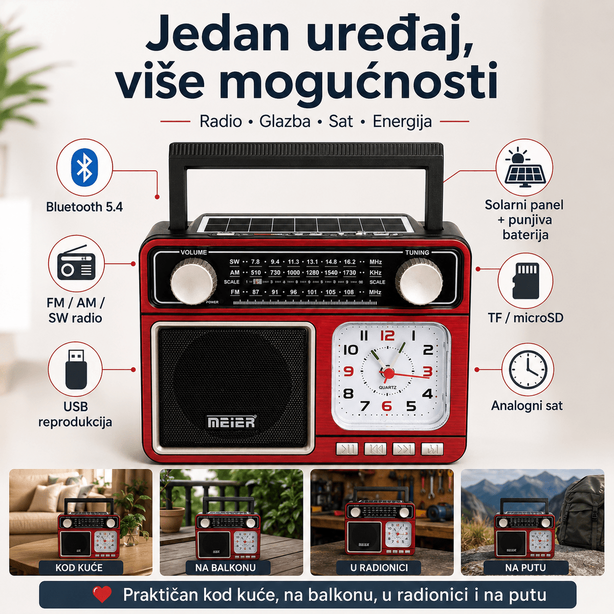 Retro Radio sa Satom, Bluetoothom i Solarnim Punjenjem – – – slika 4