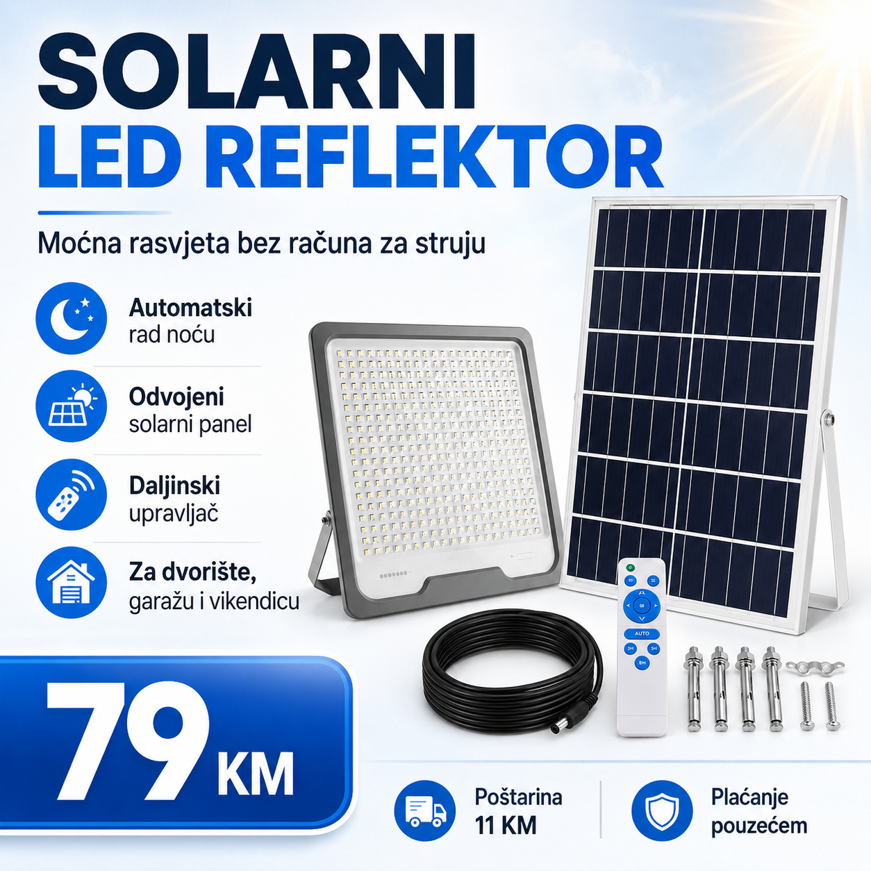 Solarni LED Reflektor s Odvojenim Solarnim Panelom