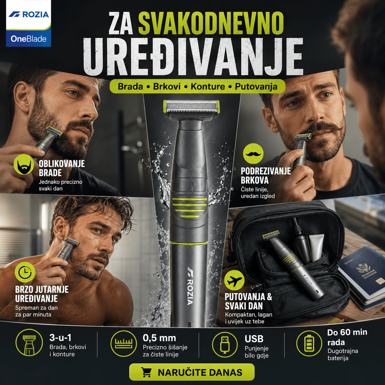 Rozia OneBlade 3-u-1 Trimer za Bradu i Tijelo – – – slika 2