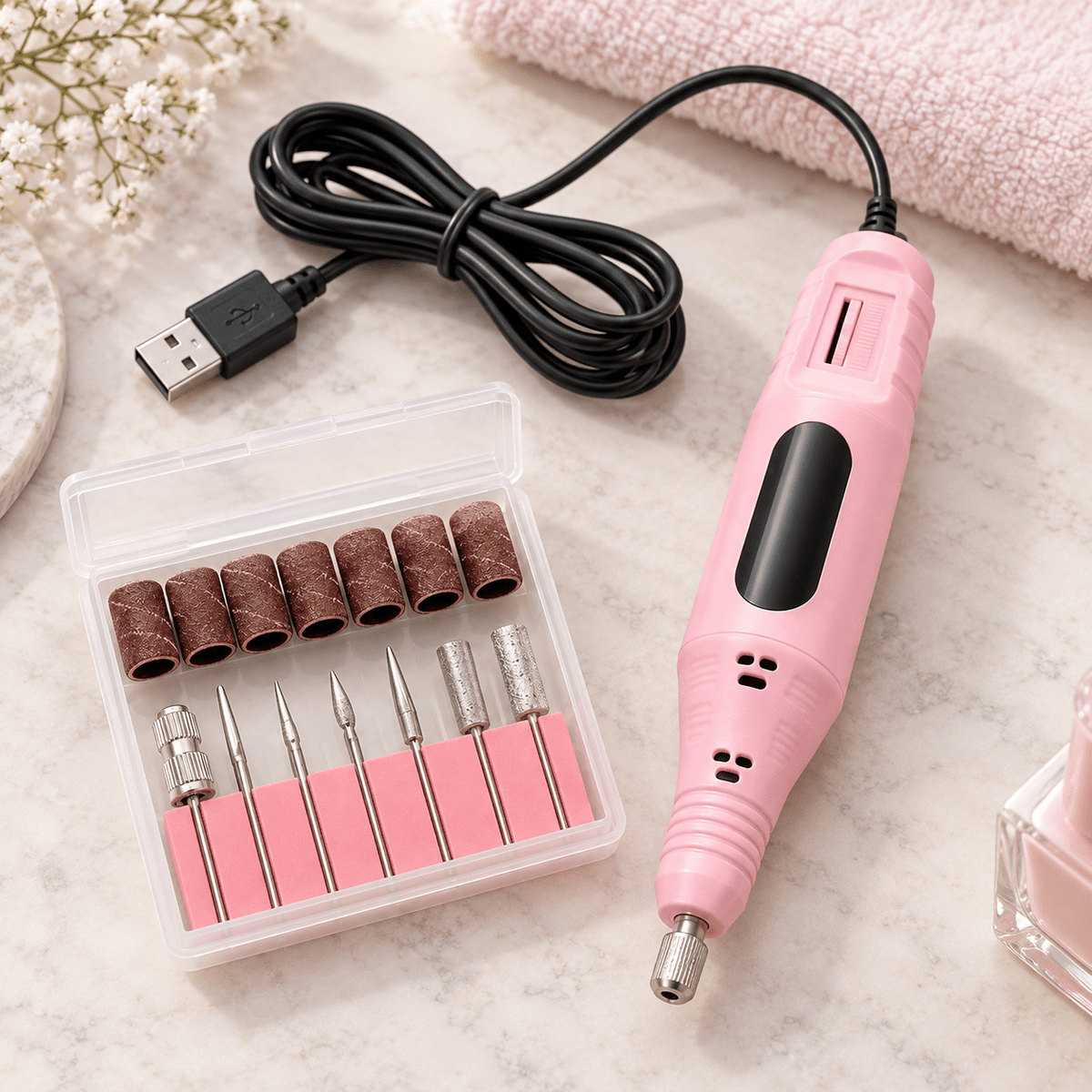 Ružičasta USB turpija za nokte s nastavcima – Ružičaste USB električne turpije za nokte – – slika 2