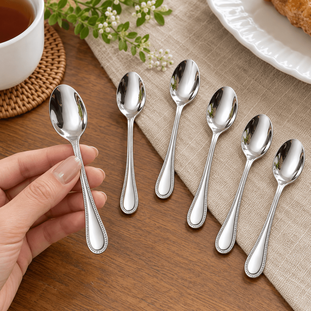 Set 6 kašika s ukrasnim rubom drške – Pribor za jelo – 11,1 cm – slika 3