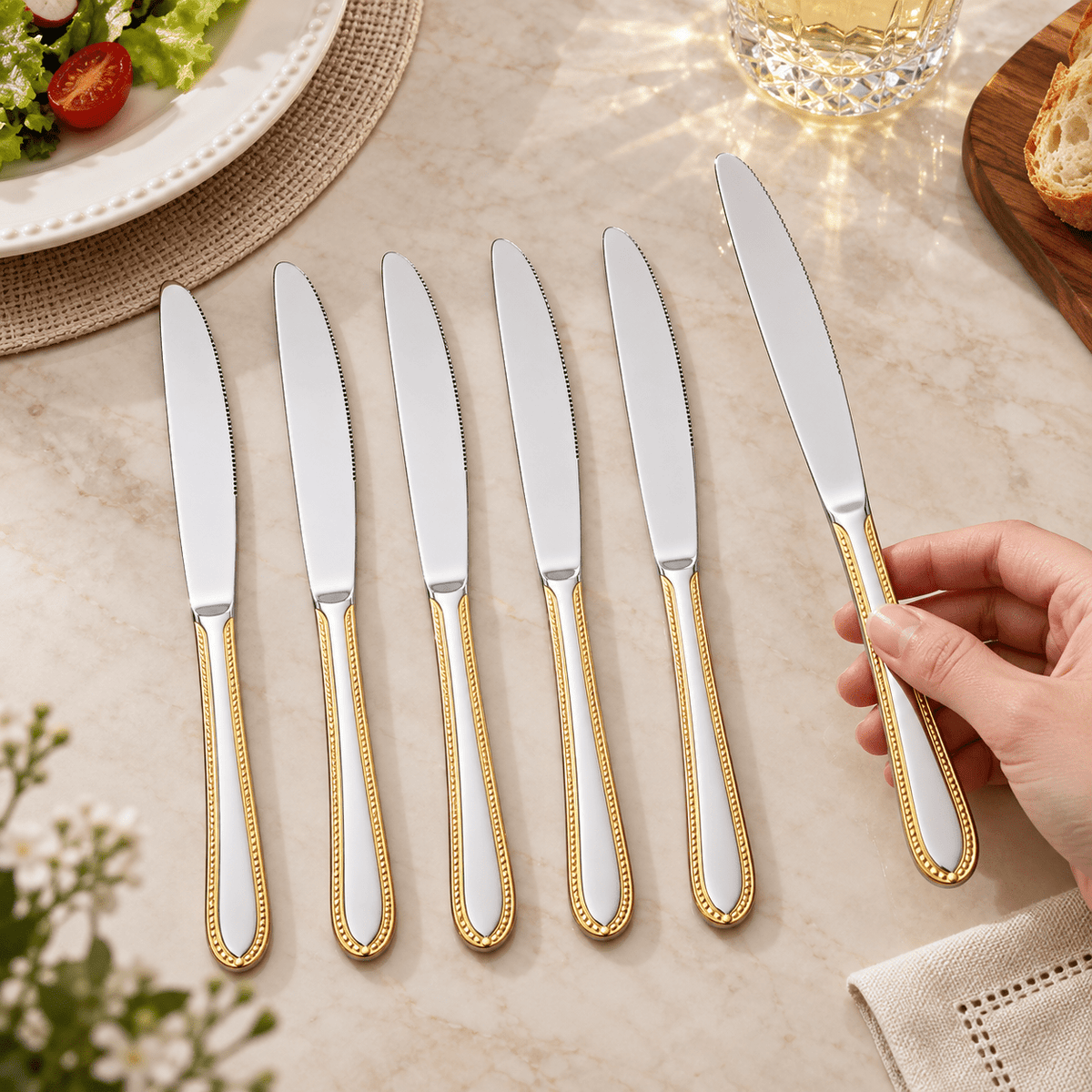 Set 6 stolnih noževa sa zlatnim rubom drške – Pribor za jelo – – slika 3