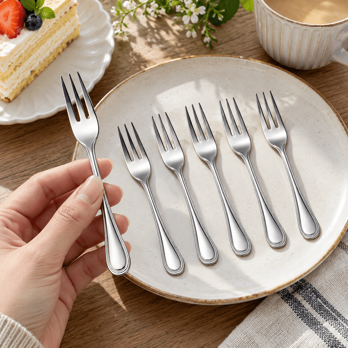 Set 6 viljuški s ukrasnim rubom drške – Pribor za jelo – 14,2 cm – 3 zupca – slika 3