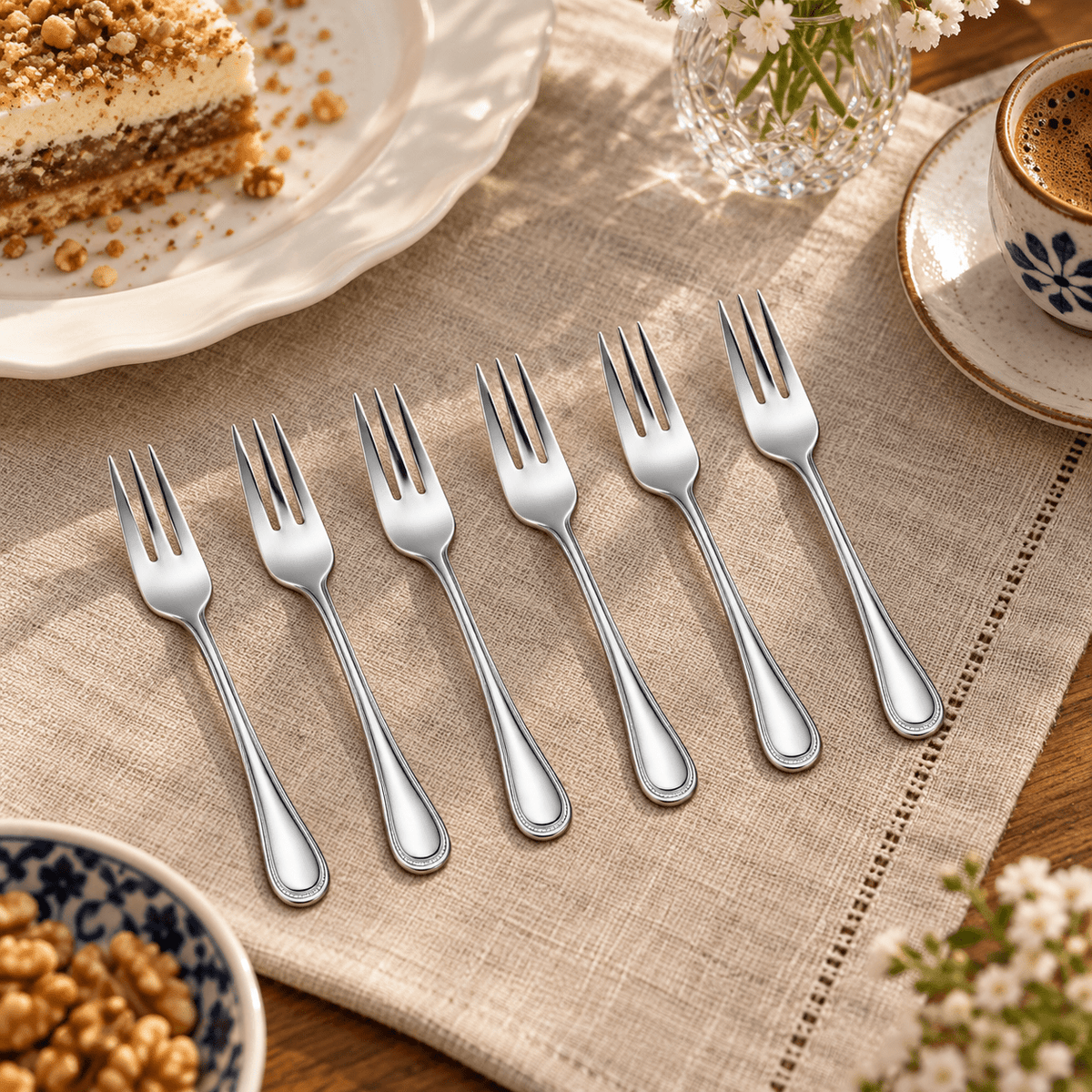 Set 6 viljuški s ukrasnim rubom drške – Pribor za jelo – 14,2 cm – 3 zupca – slika 2