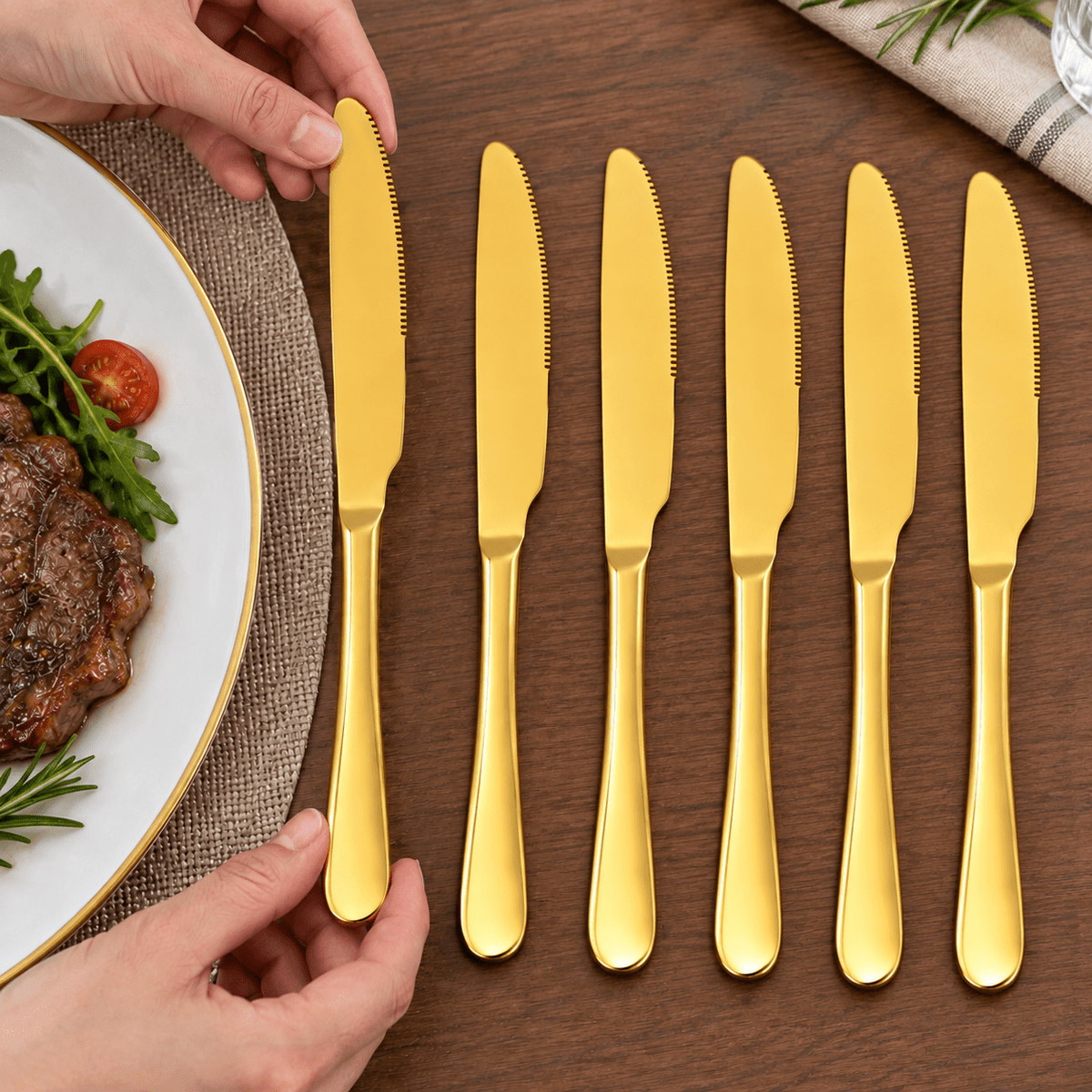Set zlatnih stolnih noževa – 6 komada, 23 cm – Setovi zlatnih stolnih noževa – – slika 3