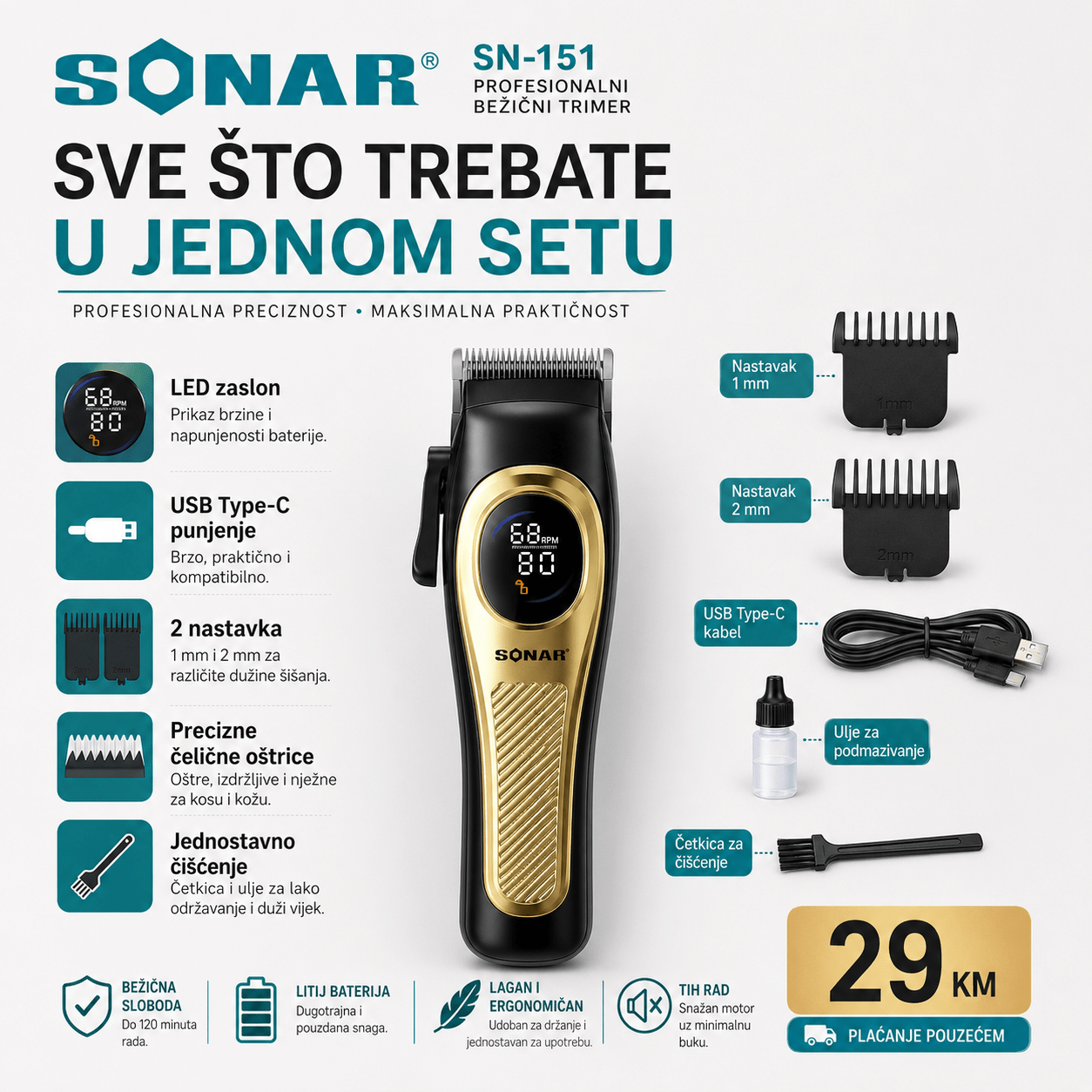 Sonar Bežični Trimer Za Kosu – – – slika 2