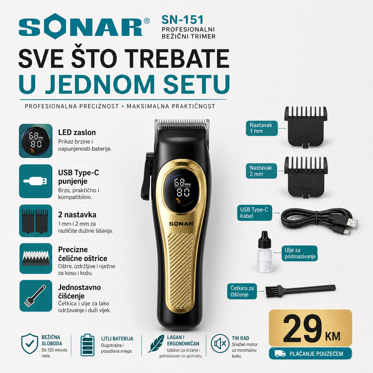 Sonar Bežični Trimer Za Kosu – – – slika 2