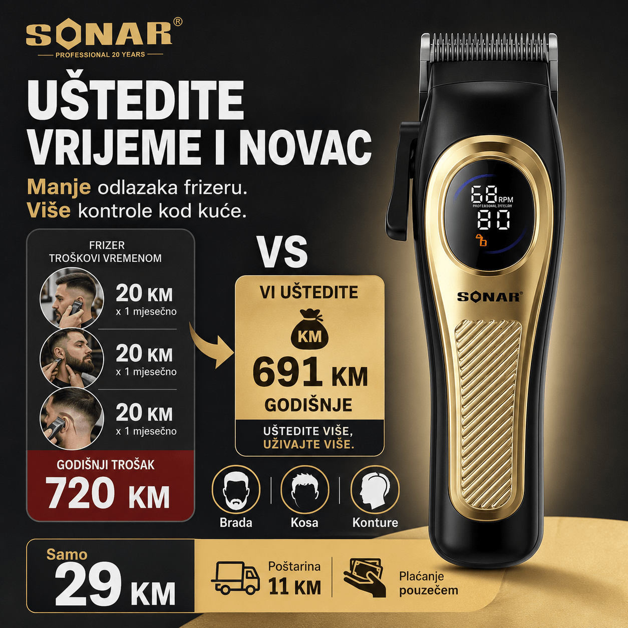Sonar Bežični Trimer Za Kosu – – – slika 5