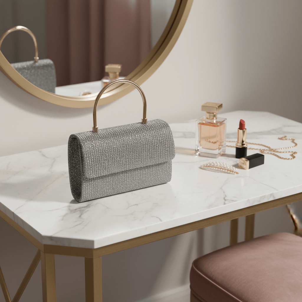 Srebrna Glitter Večernja Clutch Torba s Metalnom Ručkom – Modni dodaci – Univerzalna – slika 5