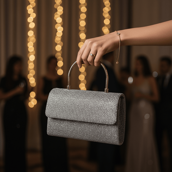 Srebrna Glitter Večernja Clutch Torba s Metalnom Ručkom