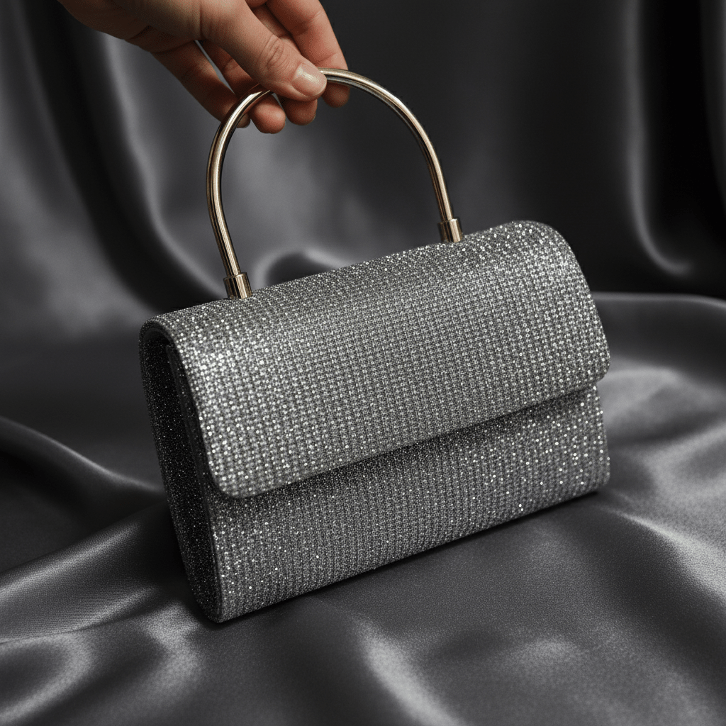 Srebrna Glitter Večernja Clutch Torba s Metalnom Ručkom – Modni dodaci – Univerzalna – slika 4