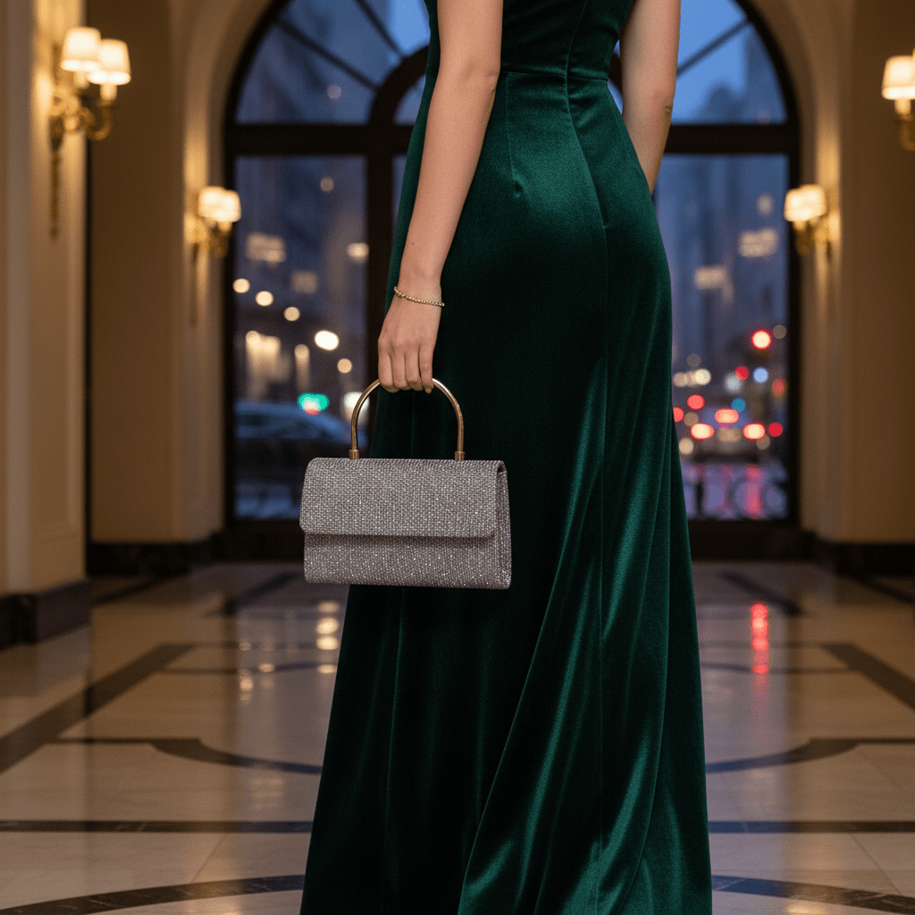 Srebrna Glitter Večernja Clutch Torba s Metalnom Ručkom – Modni dodaci – Univerzalna – slika 6
