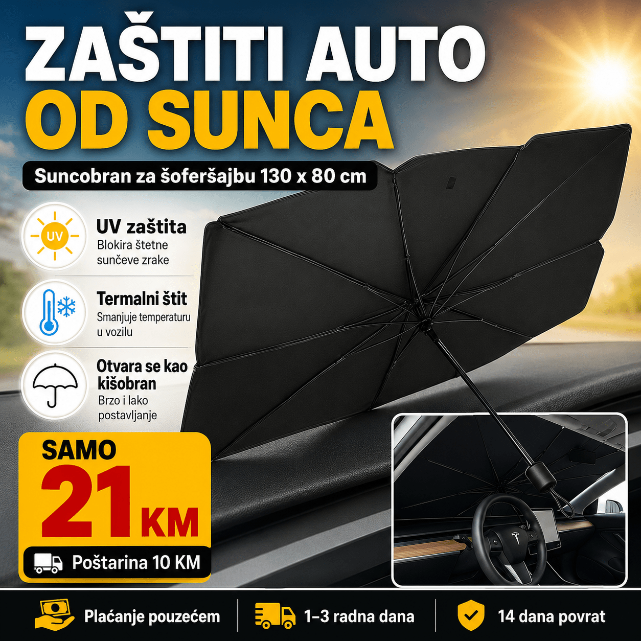 Suncobran/kišobran za šoferšajbu 130 × 80 cm – – – slika 4
