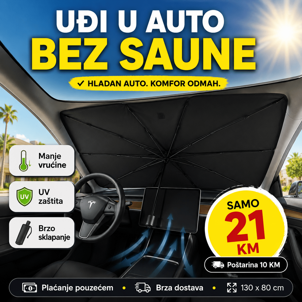 Suncobran/kišobran za šoferšajbu 130 × 80 cm – – – slika 1