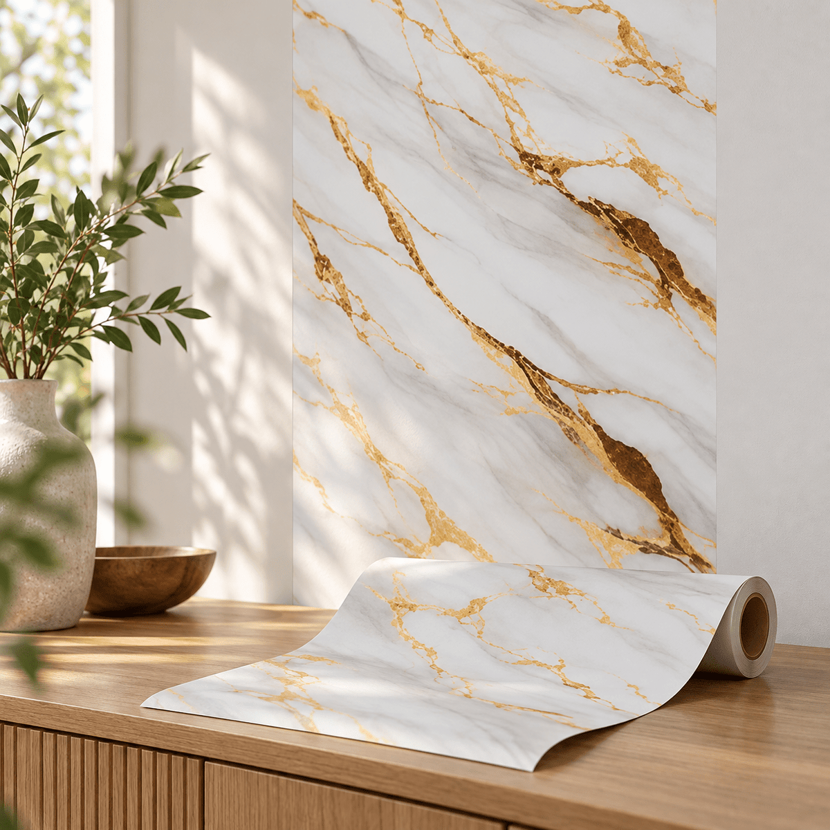 Tapeta u rolni 5 m × 60 cm – šest mramornih uzoraka – Tapete u rolni 5 m × 60 cm – Bijelo-zlatni mramor – slika 2